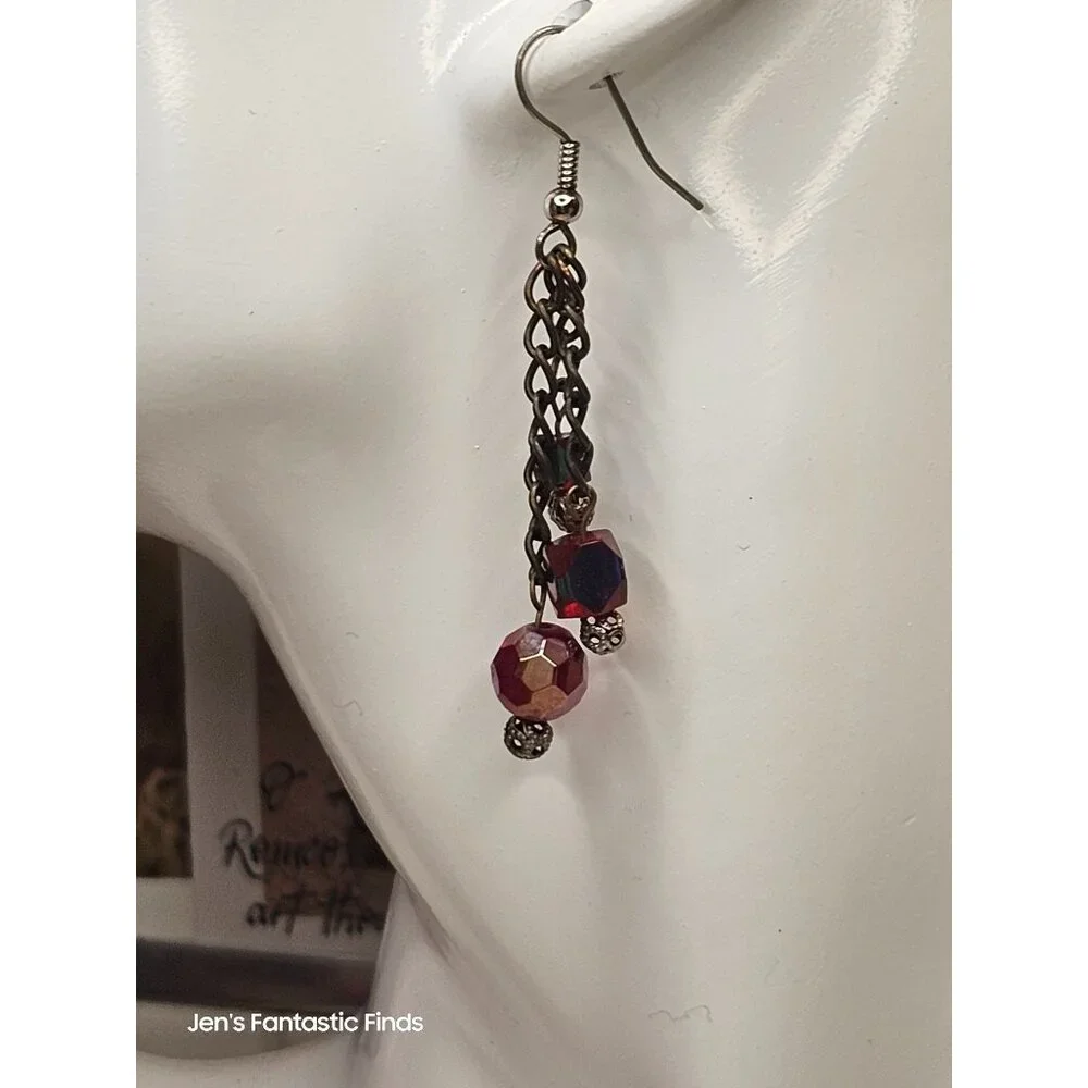 Swarovski AB Red & Silver Beaded Dangle Earrings Silver Hook‎ Back